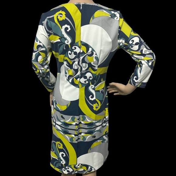J McLaughlin Blue Green Yellow S Retro Print Catalina Cloth Sheath Dress in EUC - Picture 3 of 8
